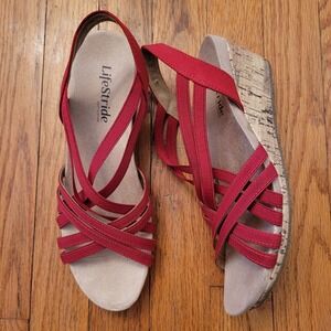 LifeStride Red Wedge Sandals 7.5M MALLORY Open Toe Beach Summer Comfort Flex